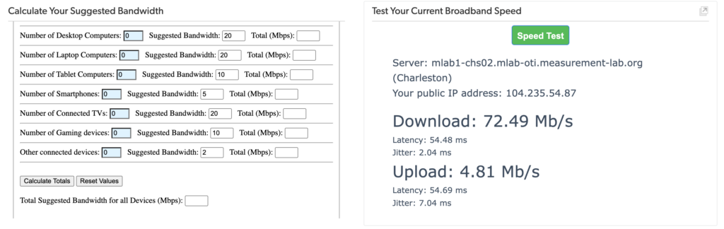 Hyperlinked Screenshot of the Broadband Needs Estimator tool.